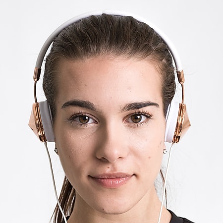FRENDS Headphones, Layla Rose Gold Headphones, Rose Gold & White Leather Detail