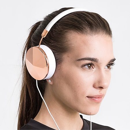 FRENDS Headphones, Taylor Rose Gold Headphones, Rose Gold & White Leather Detail