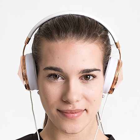 FRENDS Headphones, Taylor Rose Gold Headphones, Rose Gold & White Leather Detail