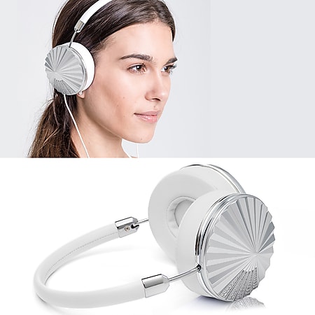 FRENDS Headphones, Swarovski Taylor Silver Headphones, Silver & White Leather Detail