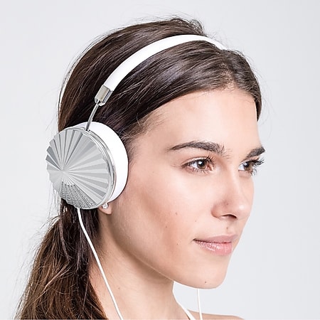 FRENDS Headphones, Swarovski Taylor Silver Headphones, Silver & White Leather Detail