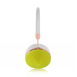 FRENDS Headphones, Taylor Rose Gold Headphones, Sacred Geo Neon Yellow & White Leather Detail