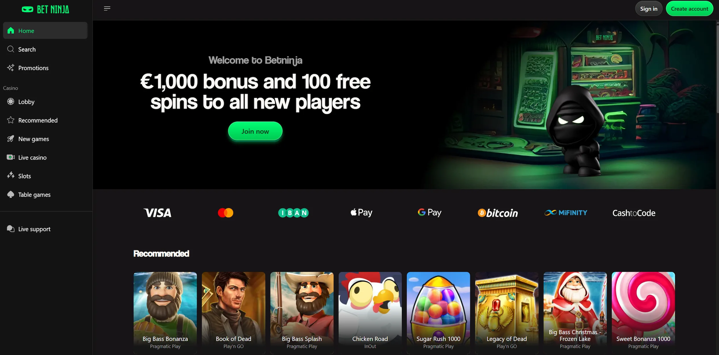 BetNinja casino frontpage featuring welcome offer, recommended online pokies and site navigation