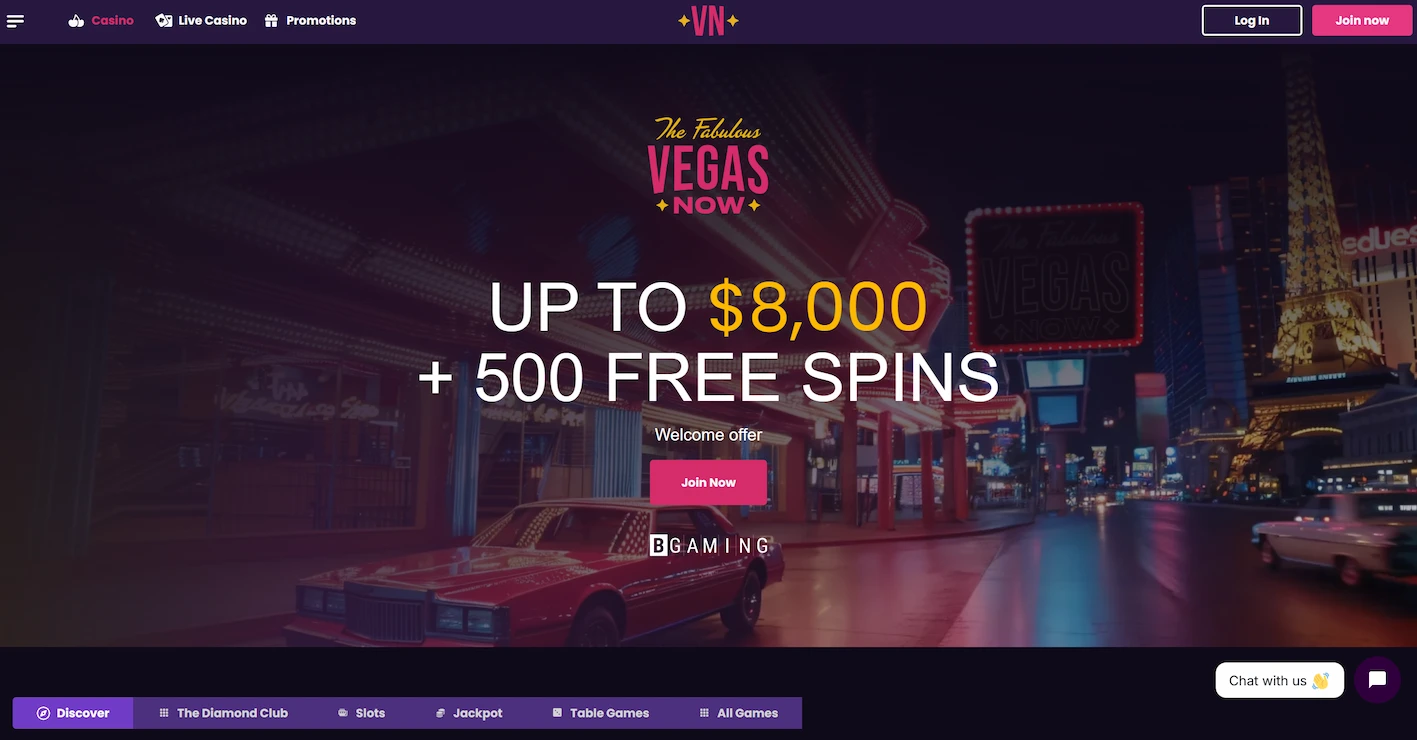 VegasNow casino frontpage featuring welcome offer and navigation menu