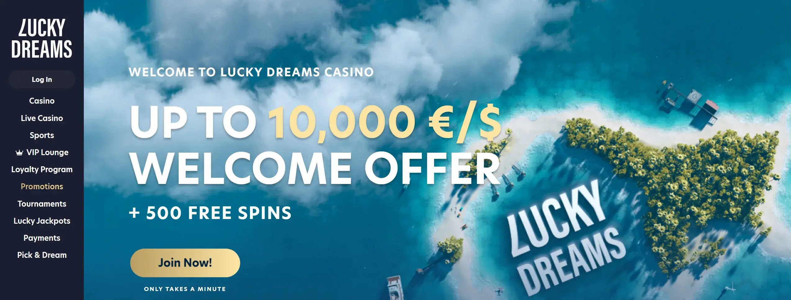 Lucky Dreams casino frontpage featuring welcome offer and site navigation