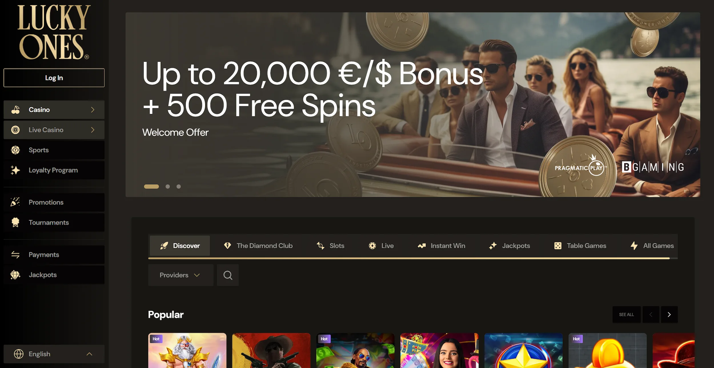 LuckyOnes casino frontpage featuring welcome offer, selection of popular online pokies and site navigation